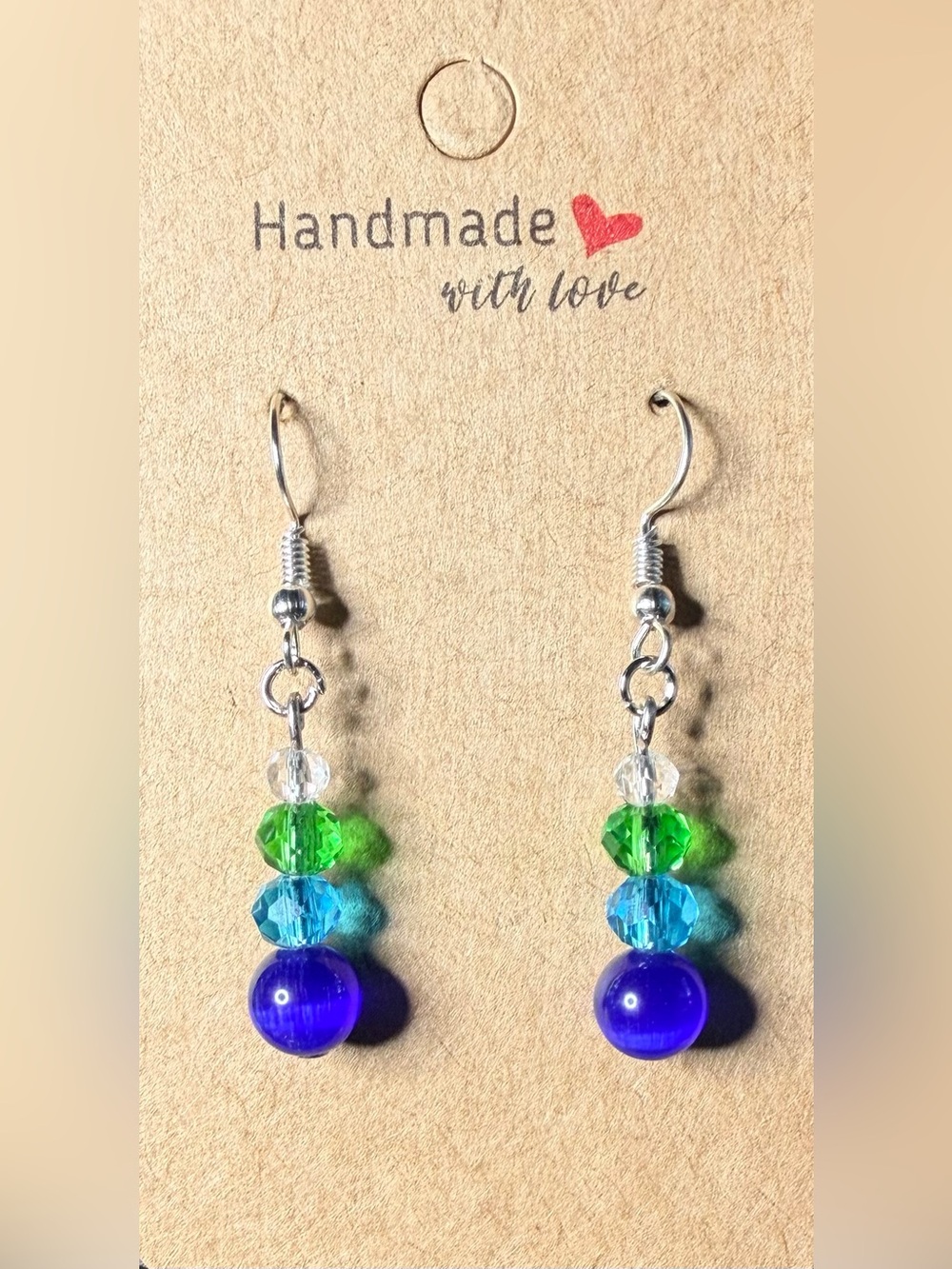 Handmade Silver Hook Earrings with Blue, Teal & Green Beads